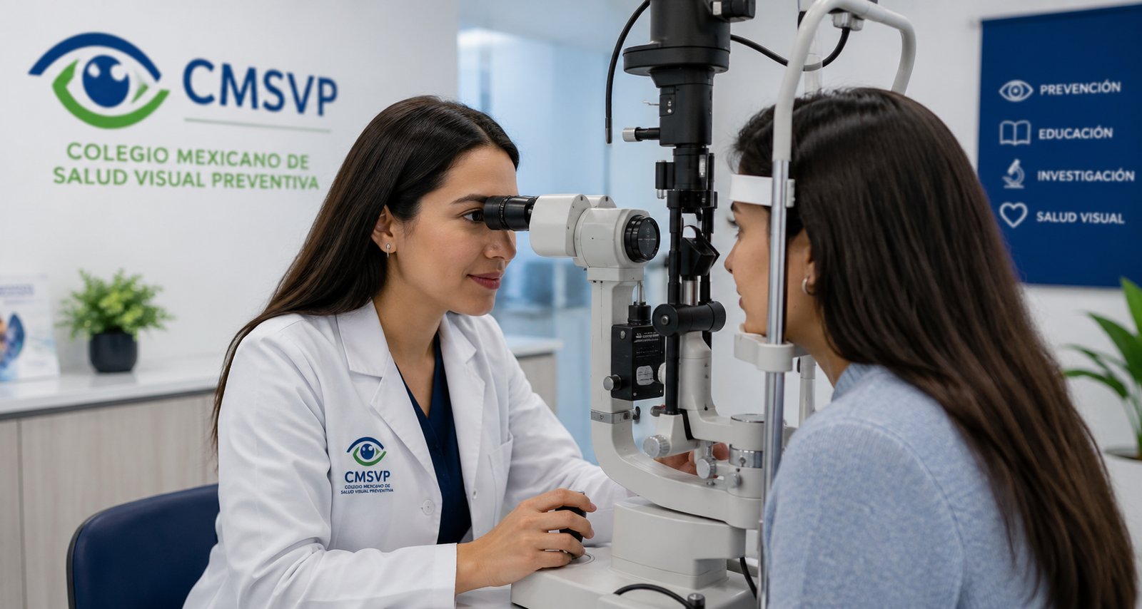 Profesional de la salud visual atendiendo a una paciente